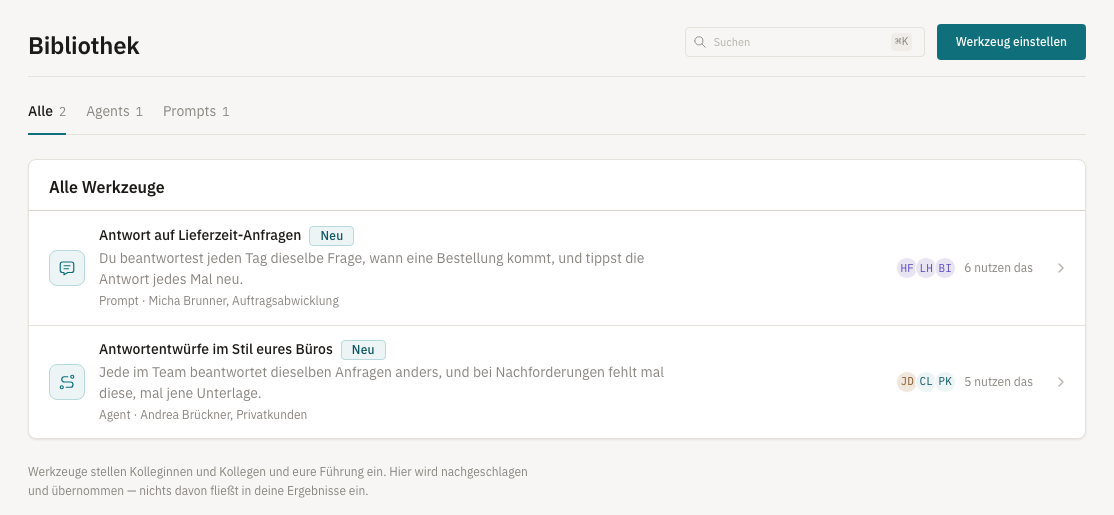 Die Bibliothek in Proveo: Vorlagen von Kolleginnen und Kollegen mit Abteilung, Art und Zahl der Nutzenden. Nichts davon fließt in Ergebnisse ein.