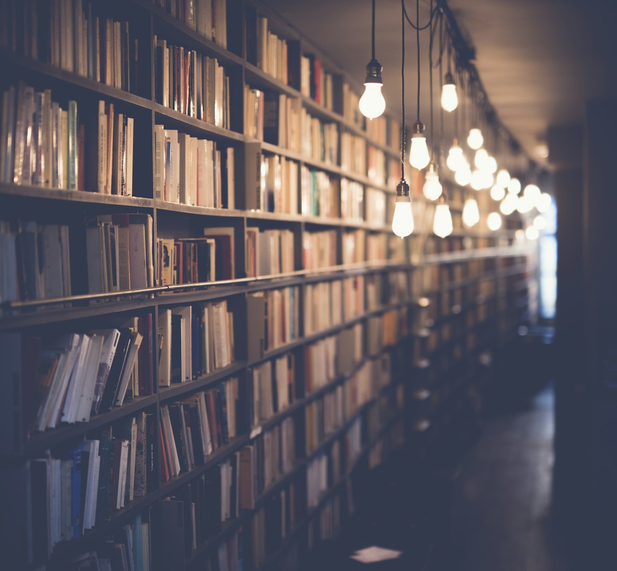Bibliotheksregale mit Glühbirnen